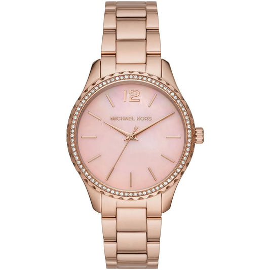 Michael Kors Layton women's watch with pink MOP dial, rose gold case and bracelet with crystal-set bezel