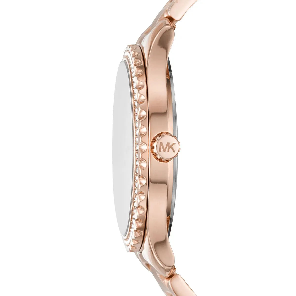Michael Kors Layton watch case side view with crystal bezel and MK logo detail