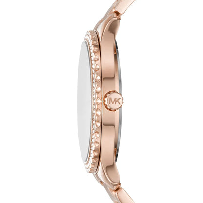 Michael Kors Layton watch case side view with crystal bezel and MK logo detail