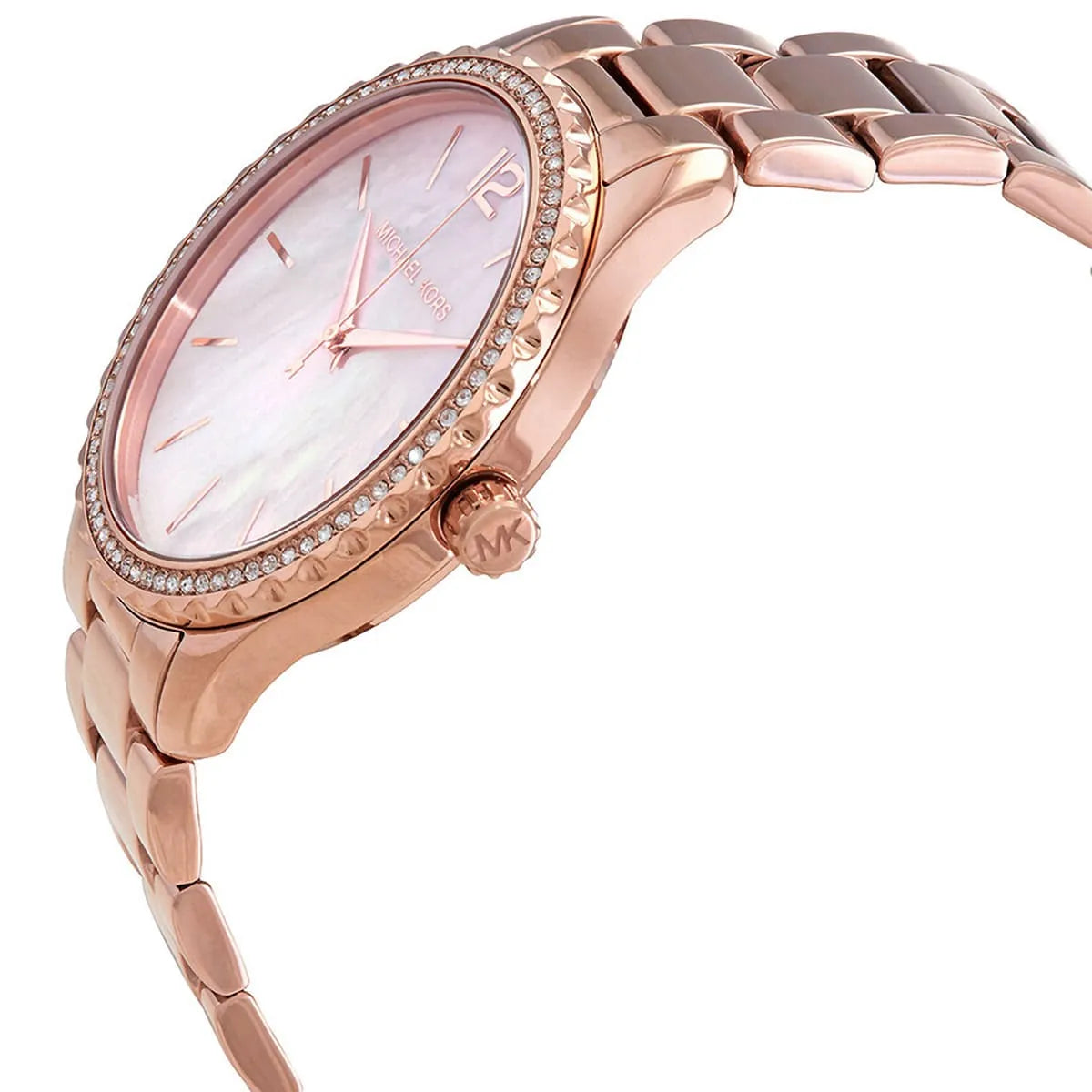 Michael Kors Layton watch side profile with rose gold bracelet and crystal bezel detail