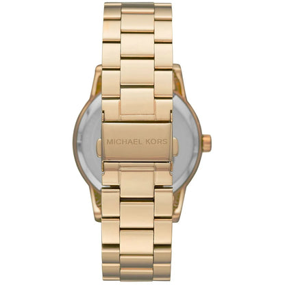 Michael Kors Ritz MK6862 caseback showing gold-tone stainless steel bracelet and engraved case