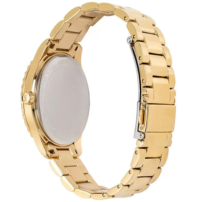 Michael Kors Layton watch caseback showing MK logo and folding clasp on gold-tone bracelet