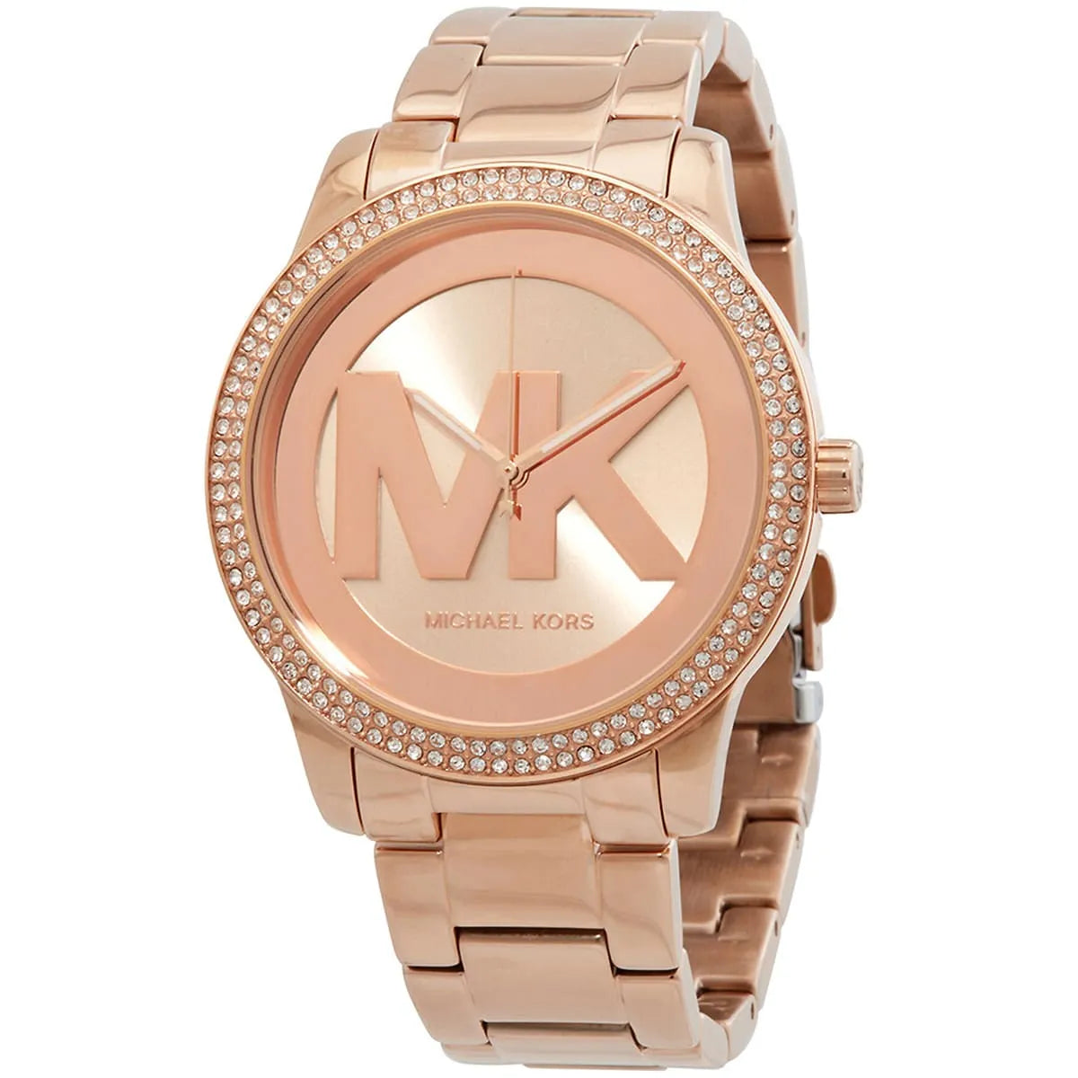 Michael Kors Tibby rose-gold watch three-quarter view showing MK dial and metal bracelet