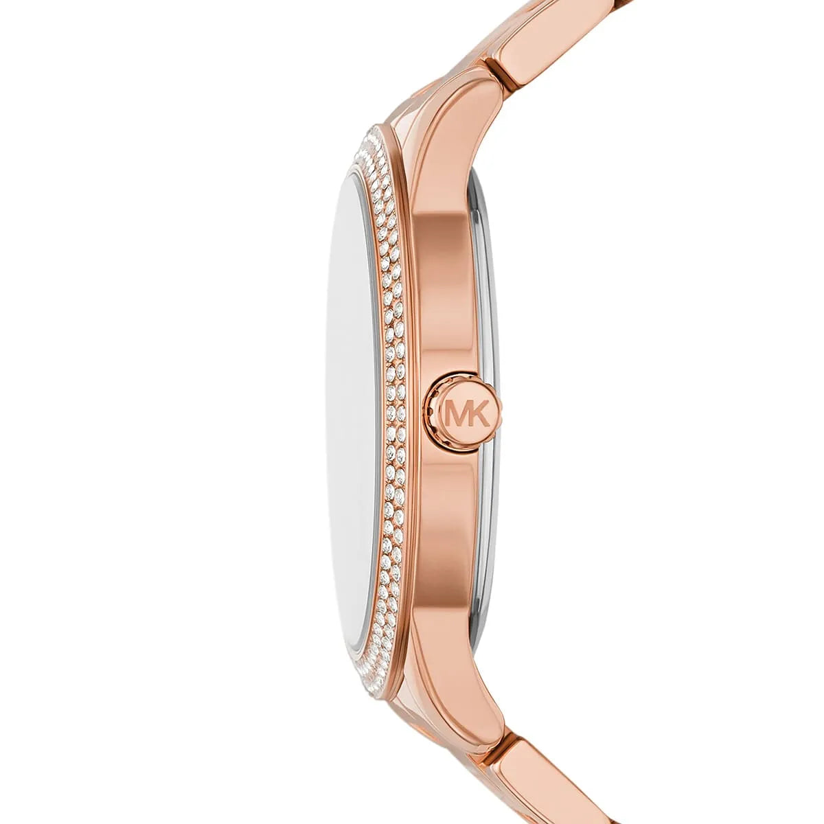 Michael Kors Tibby MK6880 rose-gold watch case side view with crystal setting