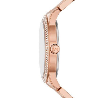 Michael Kors Tibby MK6880 rose-gold watch case side view with crystal setting