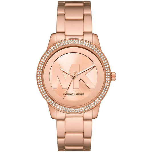 Michael Kors Tibby rose-gold women's watch with MK logo dial and crystal bezel