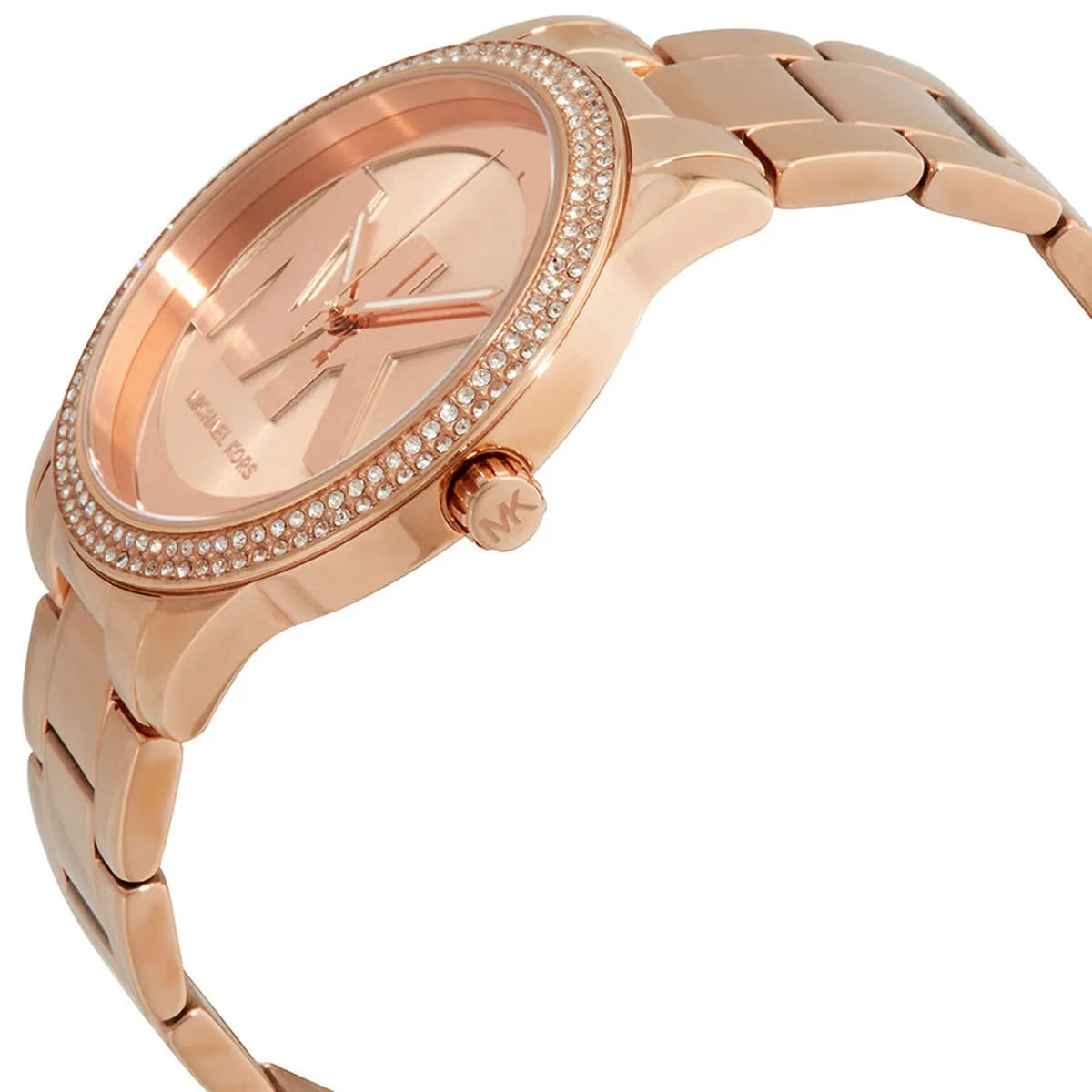 Michael Kors Tibby rose-gold watch side profile with crystal bezel and metal bracelet