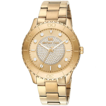 Michael Kors Runway MK6911 watch angled view showing pavé dial and gold bracelet