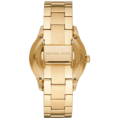 Michael Kors Runway MK6911 watch caseback showing gold stainless steel with brand engraving