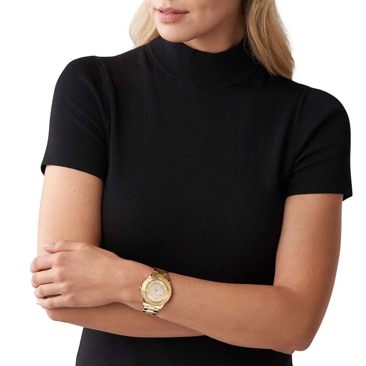 Michael Kors Runway MK6911 women's watch worn on wrist with gold dial and pavé crystals