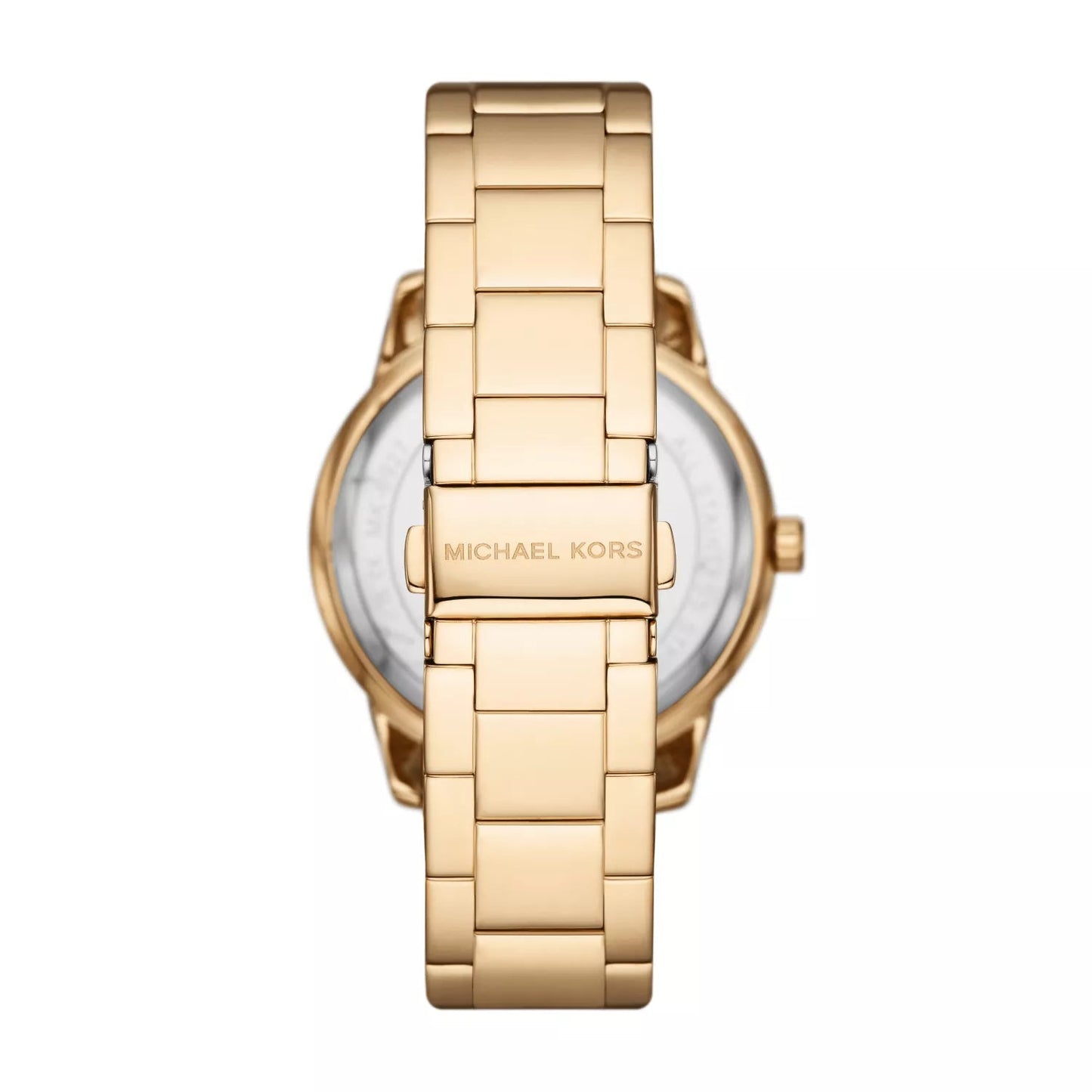Back view of Michael Kors Tibby watch showing gold-tone metal bracelet and caseback