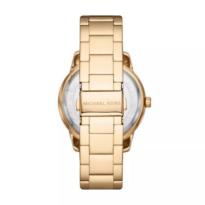 Back view of Michael Kors Tibby watch showing gold-tone metal bracelet and caseback