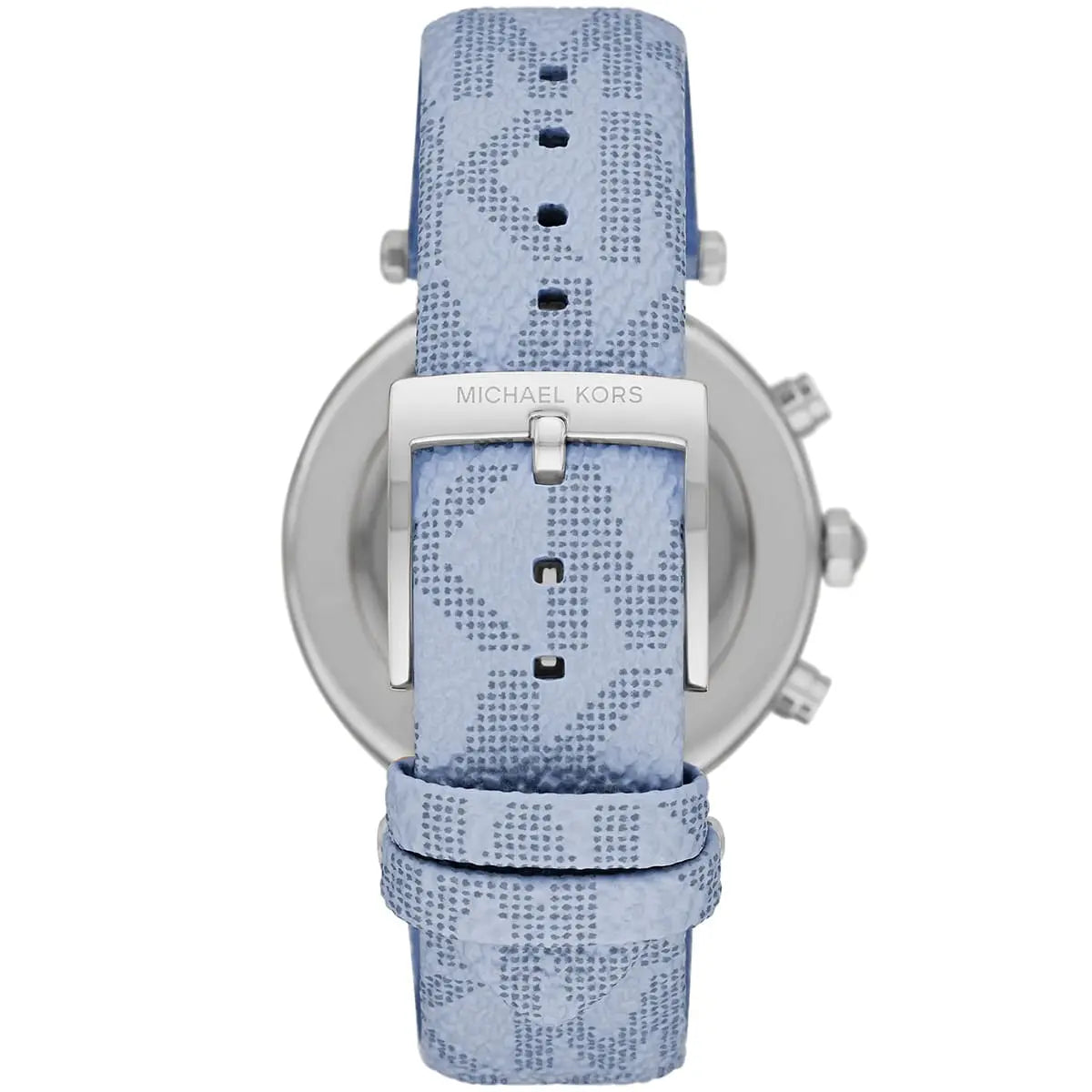 Michael Kors Parker watch side view showing blue leather strap and case profile