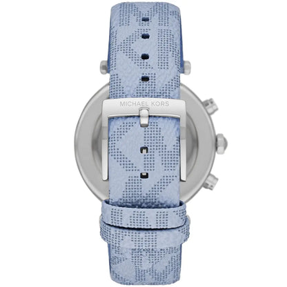 Michael Kors Parker watch side view showing blue leather strap and case profile