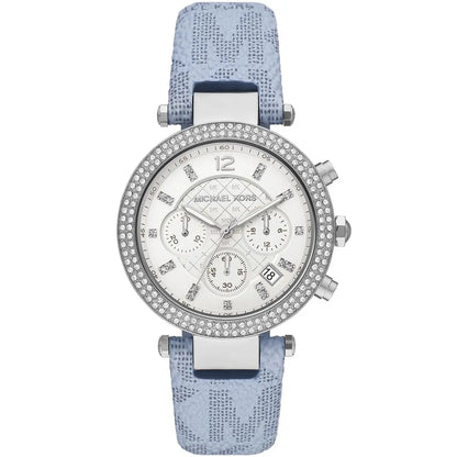 Michael Kors Parker chronograph watch with white dial and blue leather strap