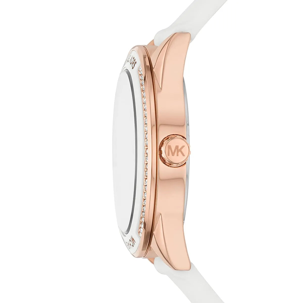 Side profile of MK6945 showing rose gold case and white silicone strap with Michael Kors branding