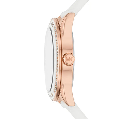 Side profile of MK6945 showing rose gold case and white silicone strap with Michael Kors branding