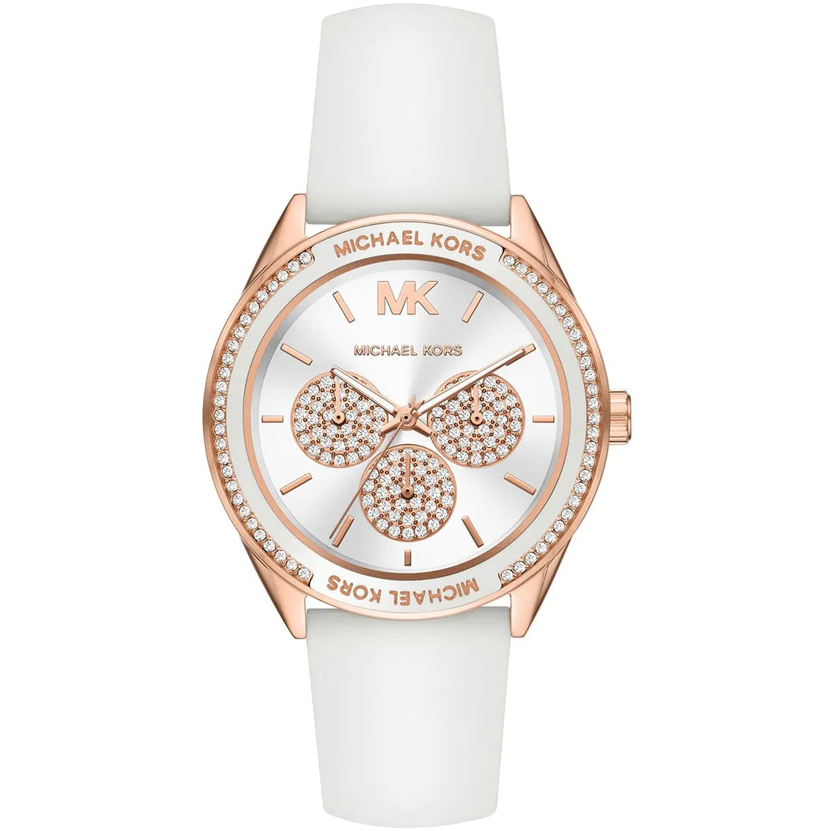 Michael Kors MK6945 women's watch with white dial, rose gold case, crystal elements and white silicone strap