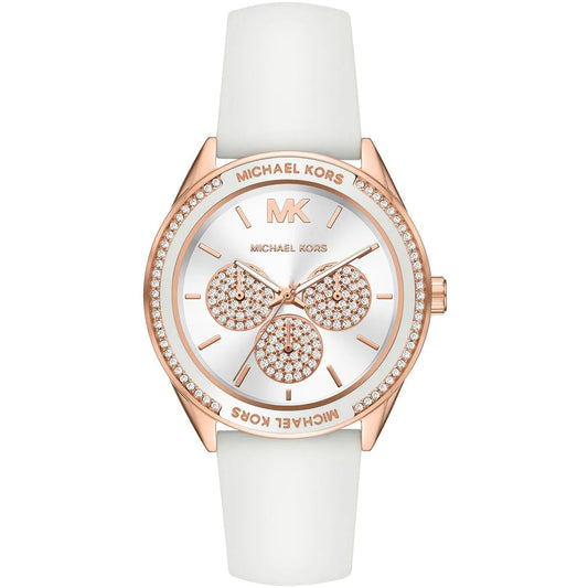 Michael Kors MK6945 women's watch with white dial, rose gold case, crystal elements and white silicone strap