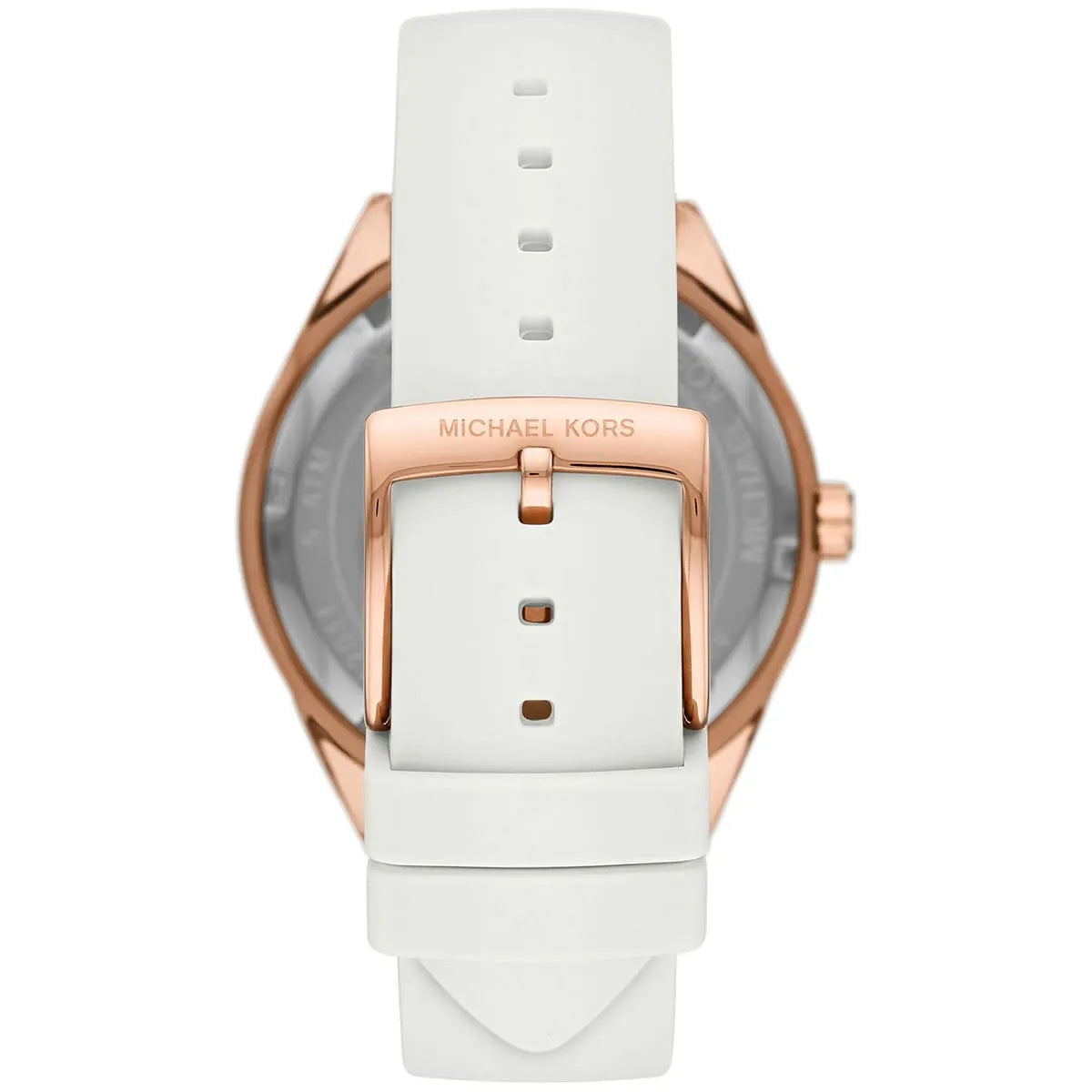 Caseback view of MK6945 with white silicone strap, rose gold case and Michael Kors engraved buckle