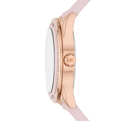 Side profile of Michael Kors MK6946 watch showing rose gold case and pink silicone strap