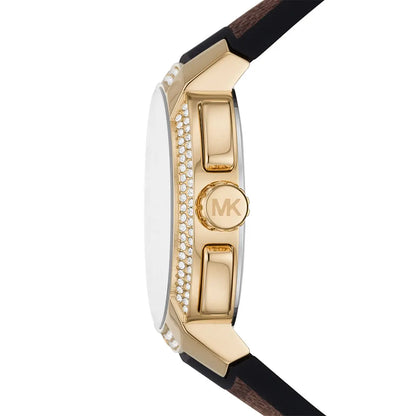 Michael Kors Sidney MK6948 women's watch flat lay showing full watch and MK logo strap detail
