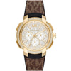 Michael Kors Sidney MK6948 women's chronograph watch with white dial, gold-tone case, crystal bezel, and brown leather strap