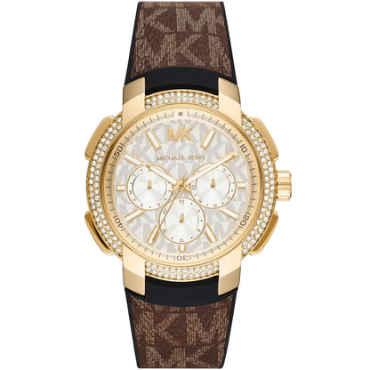 Michael Kors Sidney MK6948 women's chronograph watch with white dial, gold-tone case, crystal bezel, and brown leather strap