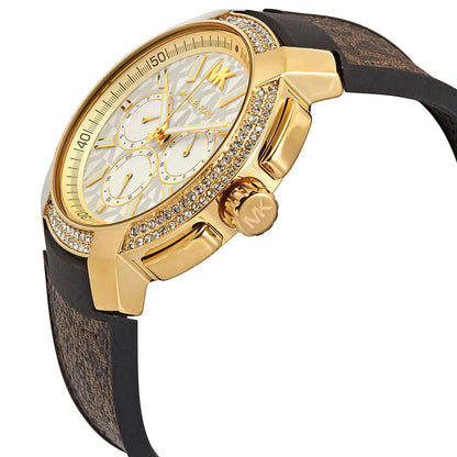 Michael Kors Sidney MK6948 women's watch side view showing gold-tone case, crystal bezel, and crown with strap