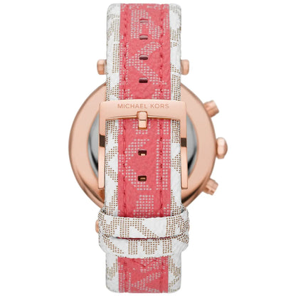 Back side view of Michael Kors Parker watch with rose gold case and pink patterned strap