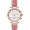 Michael Kors Parker chronograph watch with white dial, rose gold case, and tea rose PVC strap