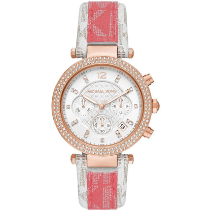 Michael Kors Parker chronograph watch with white dial, rose gold case, and tea rose PVC strap