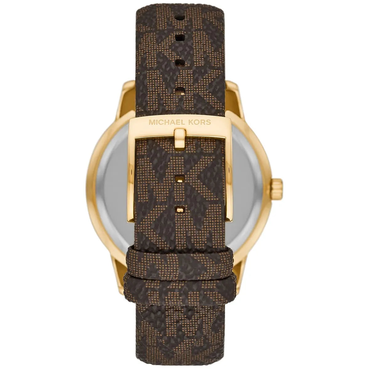 Michael Kors Tibby watch caseback view showing gold-tone case and brown patterned leather strap