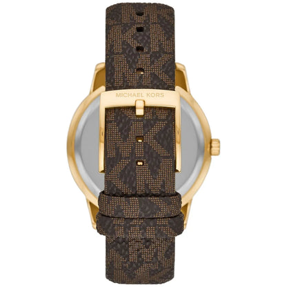 Michael Kors Tibby watch caseback view showing gold-tone case and brown patterned leather strap
