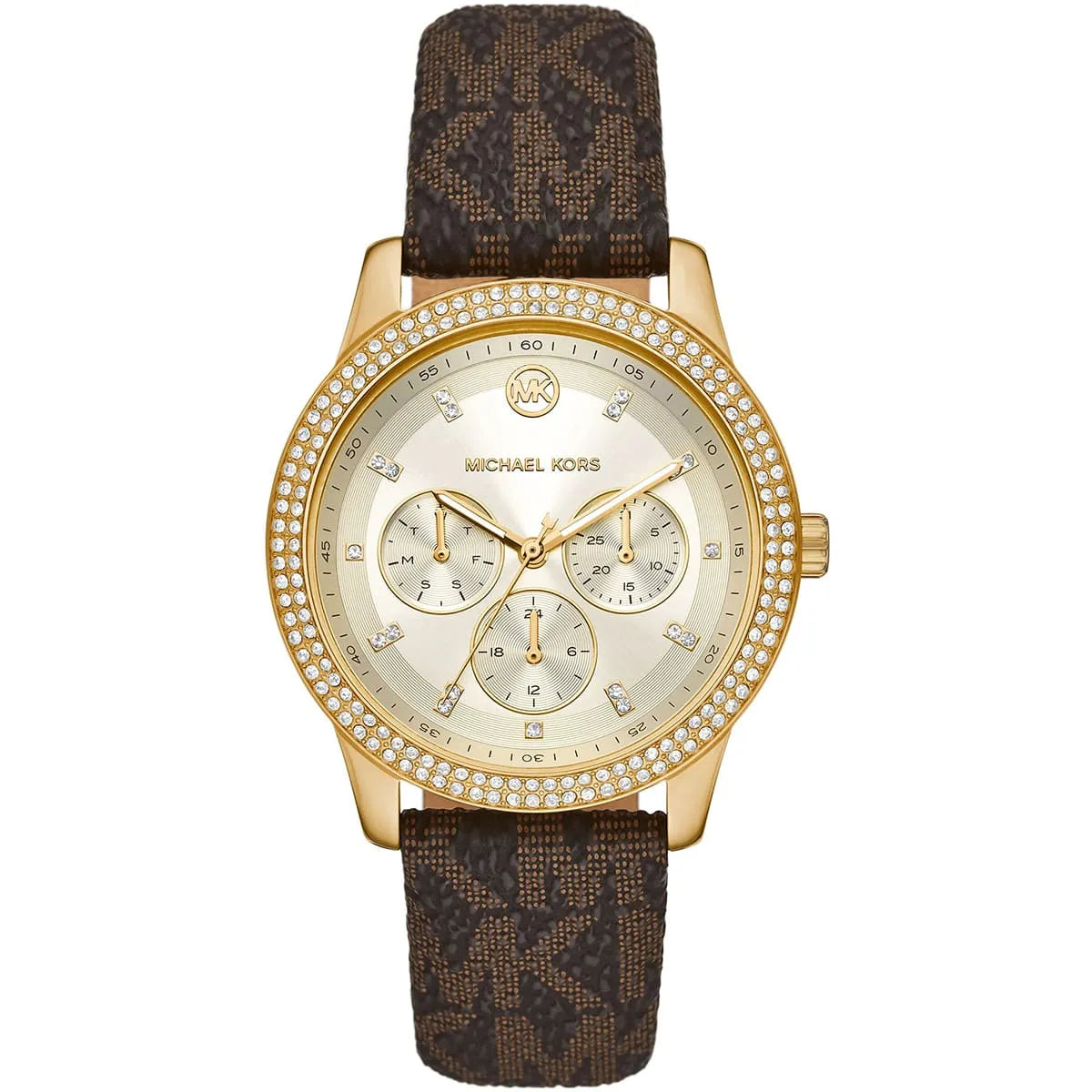 Michael Kors Tibby gold-tone multifunction women's watch with white dial and brown logo leather strap