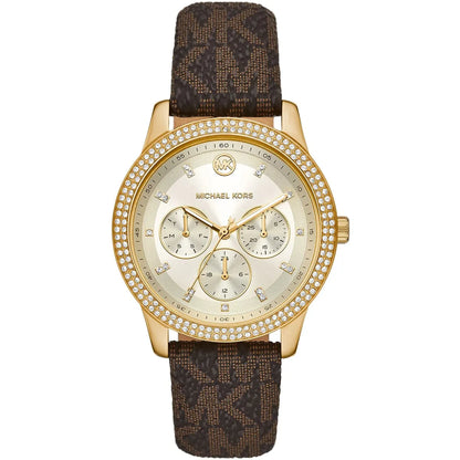 Michael Kors Tibby gold-tone multifunction women's watch with white dial and brown logo leather strap