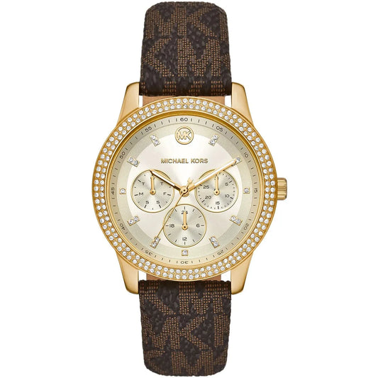 Michael Kors Tibby gold-tone multifunction women's watch with white dial and brown logo leather strap