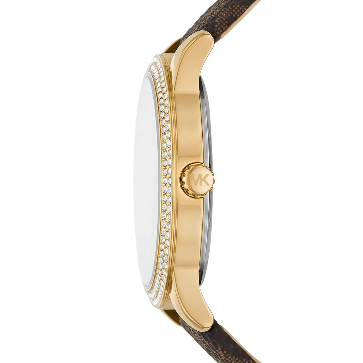 Michael Kors Tibby watch side view showing gold-tone case with crystal bezel and brown leather strap