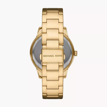 Case back view of Michael Kors Tibby watch showing gold-tone stainless steel bracelet and case