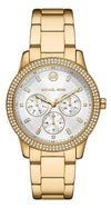 Michael Kors Tibby gold multifunction watch with silver sunray dial, crystal bezel, and gold bracelet