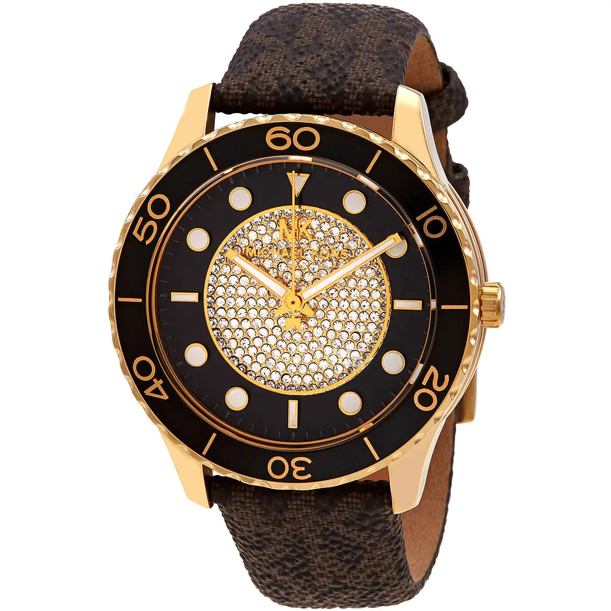 Michael Kors Runway Dive watch at angle showing gold case, crystal dial, and brown canvas strap
