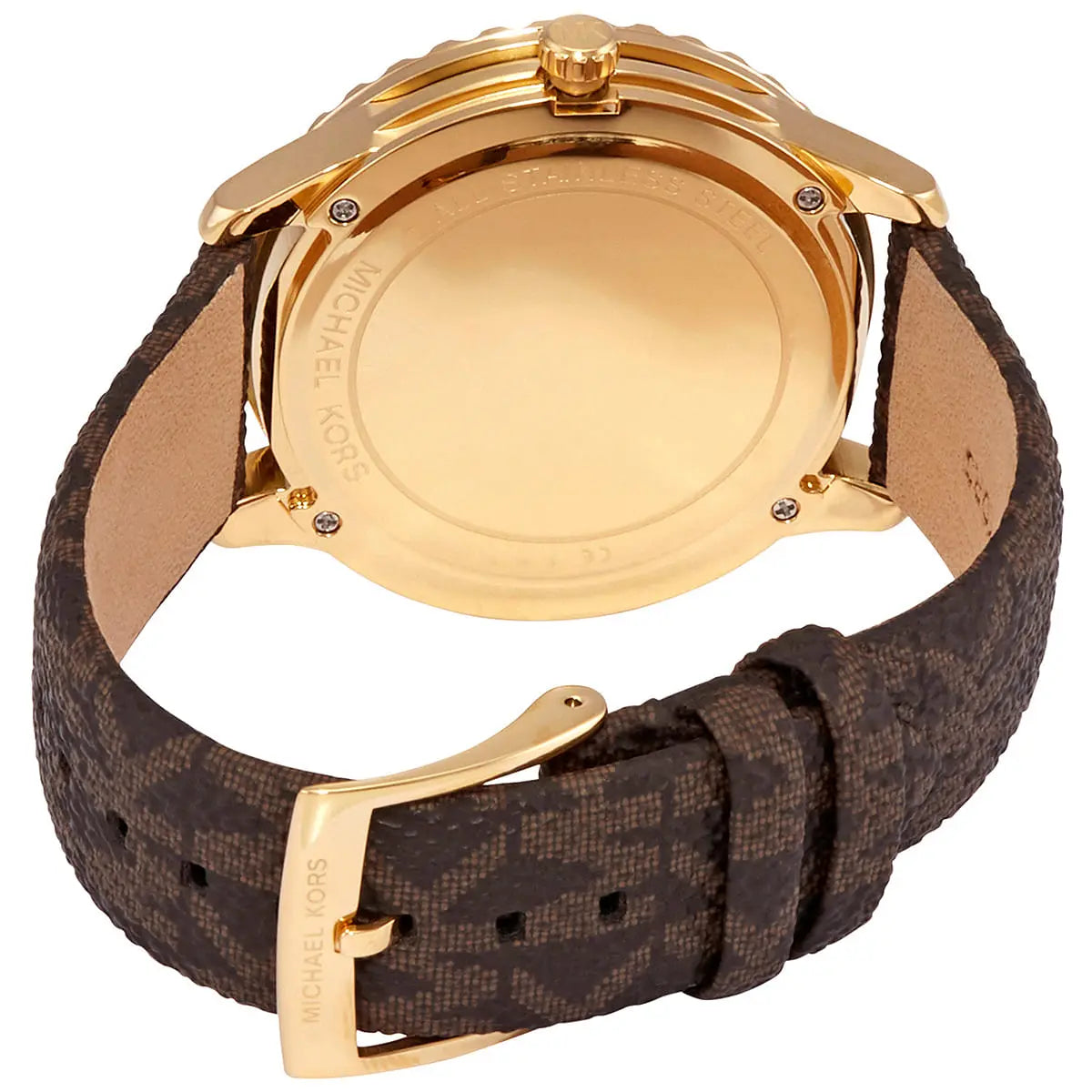 Michael Kors Runway Dive watch caseback showing gold-tone metal case with branding