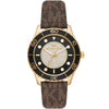 Michael Kors Runway Dive watch with gold case, pavé crystal dial, black bezel, and brown canvas strap