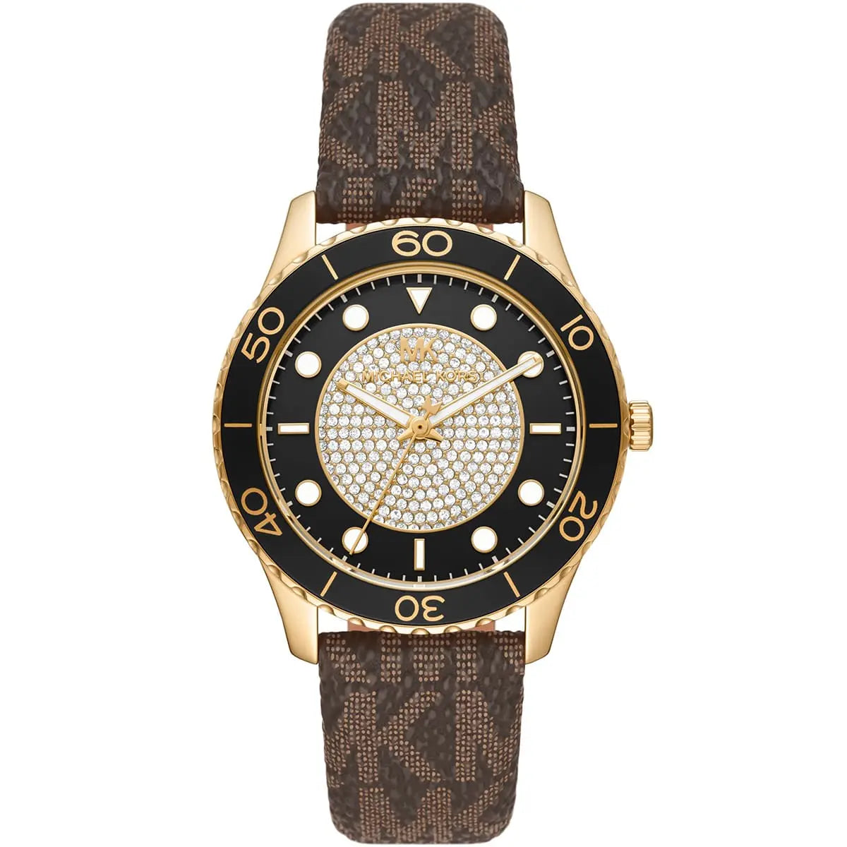 Michael Kors Runway Dive watch with gold case, pavé crystal dial, black bezel, and brown canvas strap