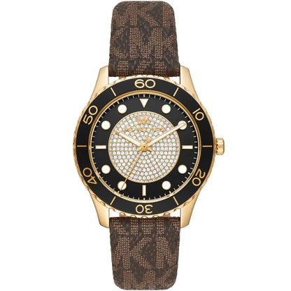 Michael Kors Runway Dive watch with gold case, pavé crystal dial, black bezel, and brown canvas strap