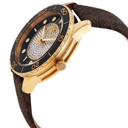 Side view of Michael Kors Runway Dive watch showing gold case thickness and brown canvas strap