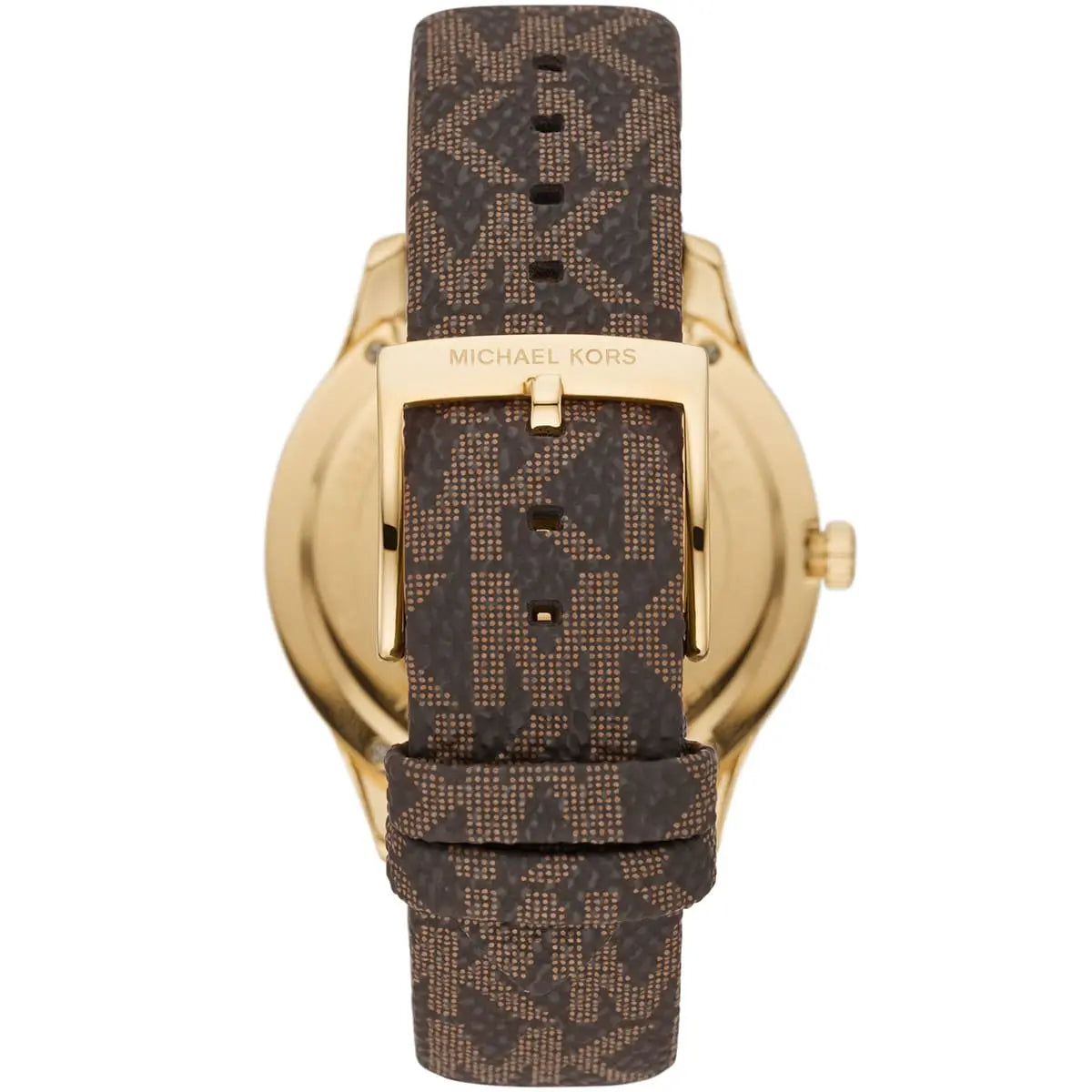 Brown coated canvas strap of Michael Kors Runway Dive watch with gold buckle and MK branding