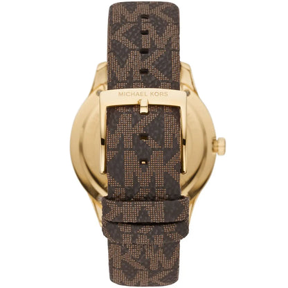 Brown coated canvas strap of Michael Kors Runway Dive watch with gold buckle and MK branding