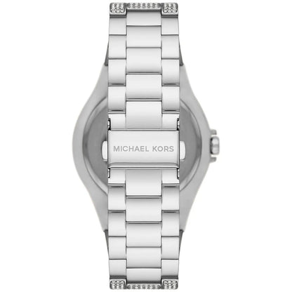 Michael Kors Lennox Pavé watch caseback with logo and crystal-set stainless steel bracelet