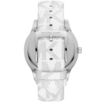 Michael Kors Runway watch caseback displaying silver-tone case and white patterned strap underside